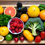 **Healthy Food Choices**: An artistic display of a variety of colorful fruits and vegetables arranged beautifully on a wooden table, showcasing their vibrant colors and textures. The focus should be on fresh produce like leafy greens, berries, and citrus fruits, emphasizing the importance of nutritious eating.