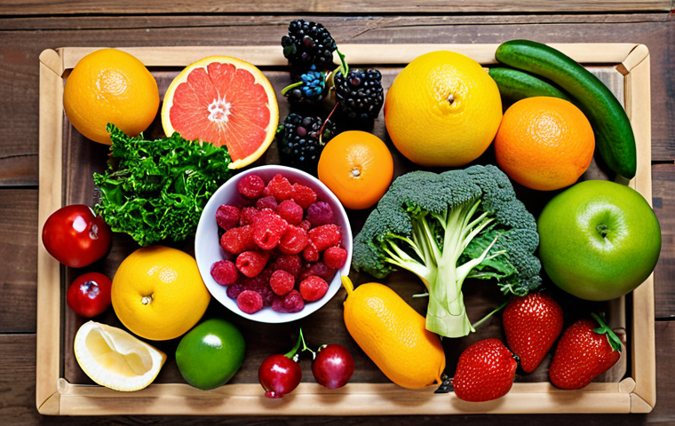 **Healthy Food Choices**: An artistic display of a variety of colorful fruits and vegetables arranged beautifully on a wooden table, showcasing their vibrant colors and textures. The focus should be on fresh produce like leafy greens, berries, and citrus fruits, emphasizing the importance of nutritious eating.