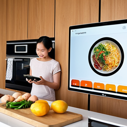 **Prompt 1 (Modern Smart Kitchen for Health & Efficiency):** A bright, inviting modern kitchen equipped with integrated smart appliances. A happy Malaysian family, including a mother, father, and child, is effortlessly preparing a healthy meal. A smart refrigerator screen shows a digital inventory, a sleek air fryer is actively cooking, and a smart kitchen scale is precisely measuring ingredients. The scene emphasizes convenience, nutritional accuracy, and a warm family atmosphere enabled by technology. Soft, natural lighting.